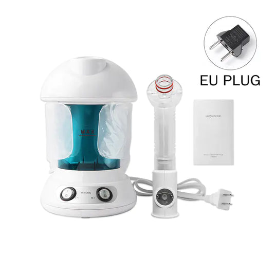 White Spa-Like Moisturizing Facial Steamer with blue interior, handheld diffuser, power cord, and EU plug on a white background.