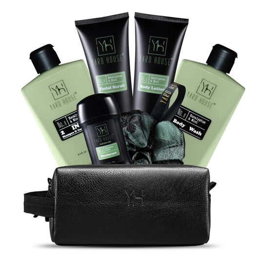 Set of Yark House skincare products including bottles, tubes, and a pouch on a white background